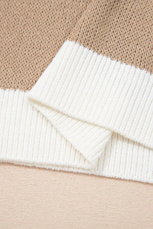 pullover sweater in tan with contrast trim and hip-length