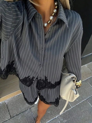 charcoal pajama set with striped and collared