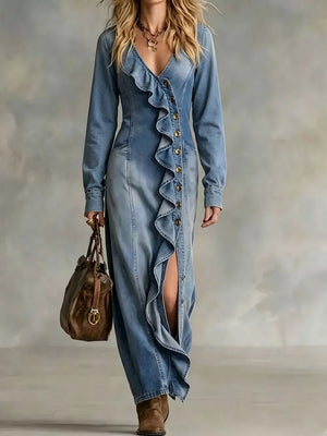 maxi dress in light blue denim featuring buttoned and A-line fit