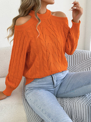 orange pullover sweater with cable knit and mock neck