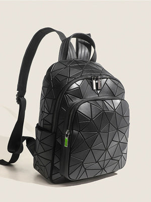 Black backpack featuring front zip pocket and geometric