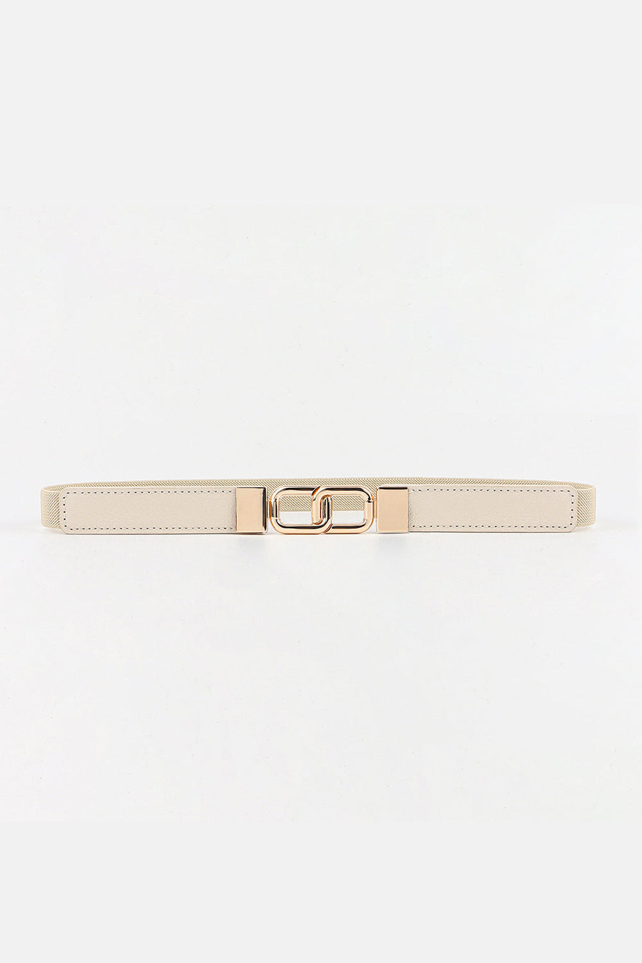 Cream elastic belt with linked rectangle gold buckle and gold end caps.