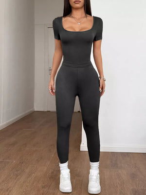 Black ribbed short sleeve top and leggings set with square neckline