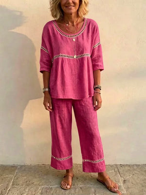 Full Size Hollow-Out Top And Pants Set in Brown