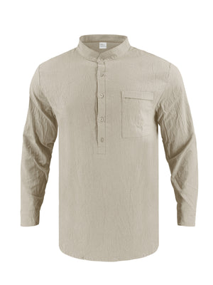 Men's khaki cotton band collar button-down shirt with chest pocket