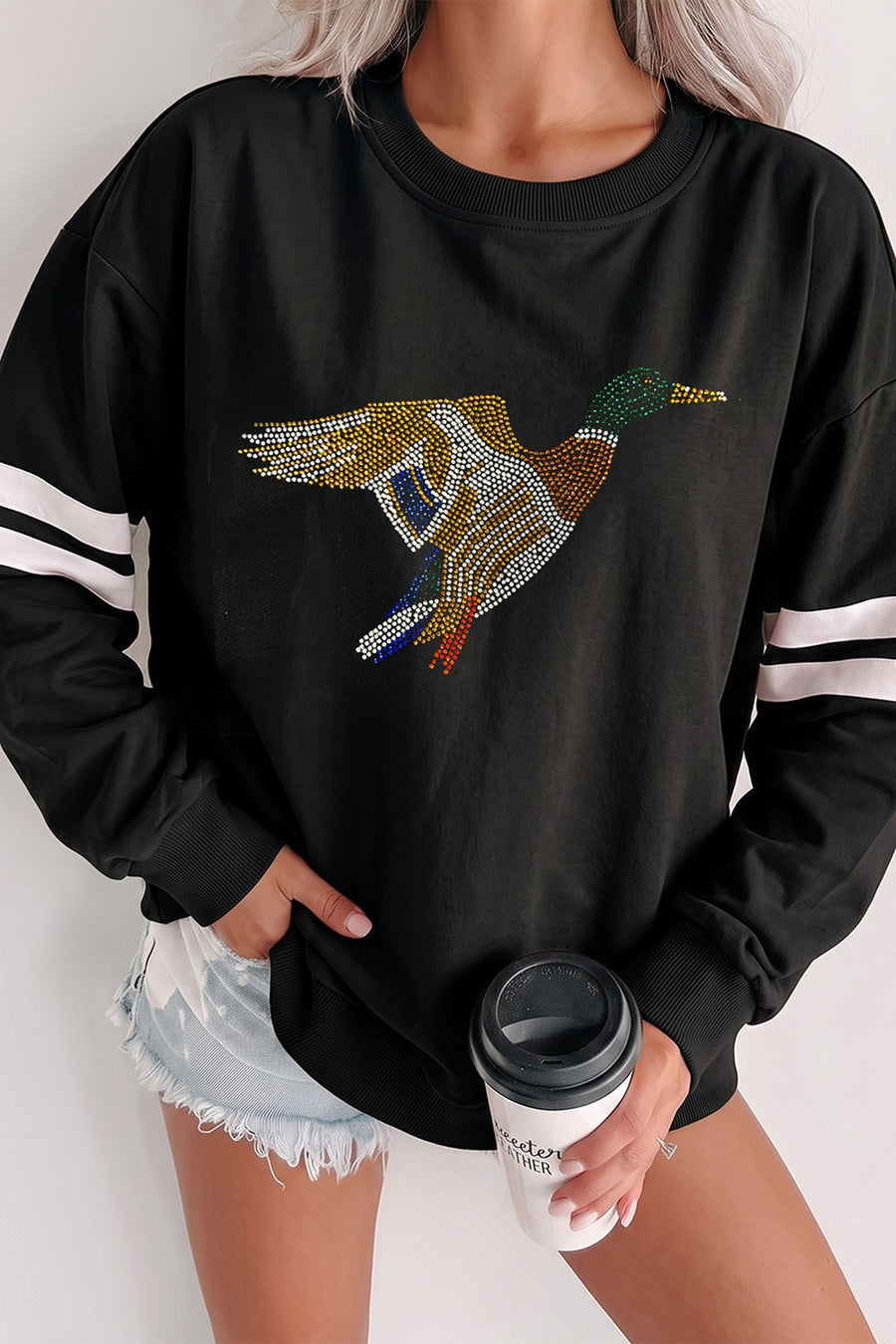 black sweatshirt with graphic-print and crew neck