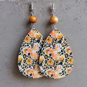 Teardrop earrings with floral and leopard print, wood bead accent