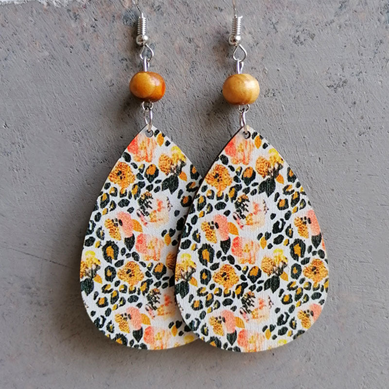 Teardrop earrings with floral and leopard print, wood bead accent