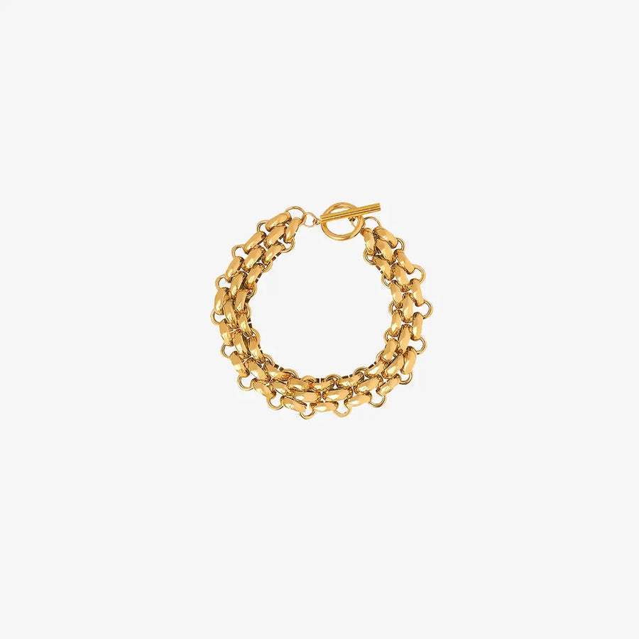 Gold triple-strand chain bracelet with toggle clasp