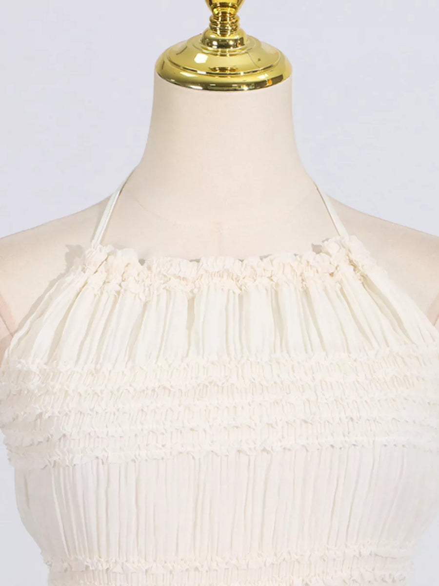 Textured halter neck maxi dress in ivory with smocked bodice detail