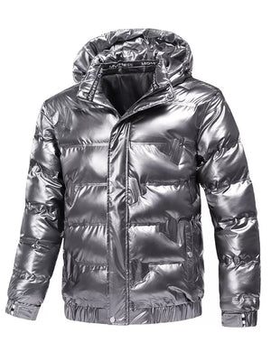 Silver reflective hooded puffer coat for men with elastic cuffs and hem.
