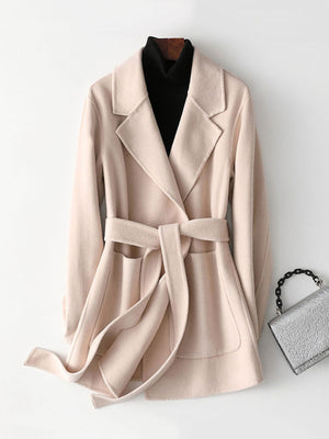 Burgundy wool coat with belted and long sleeve