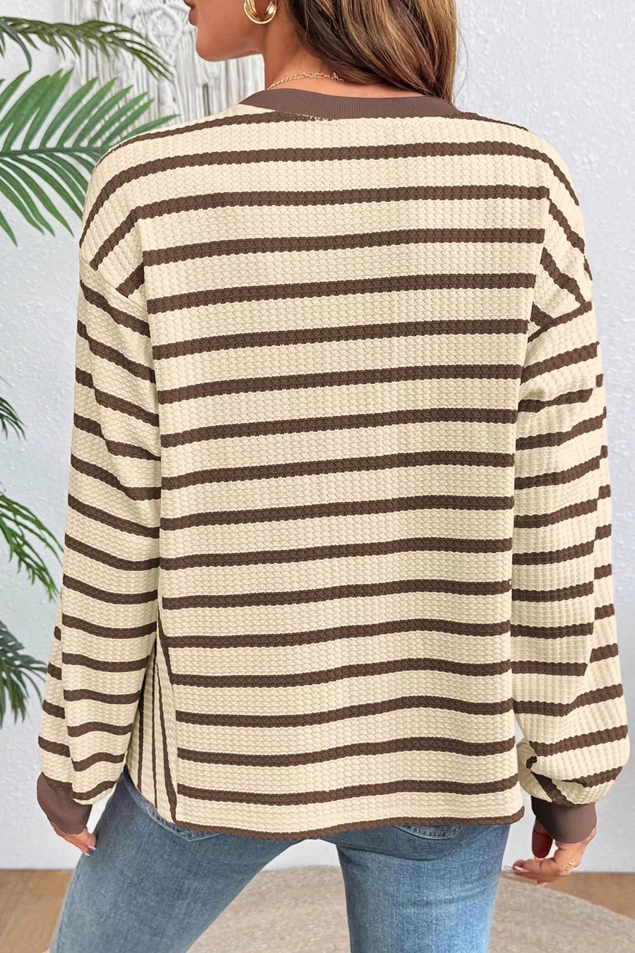 Beige with Stripe Patchwork Ribbed Cuff Pullover Sweatshirt