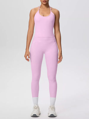 Halter Neck Cami And High-waisted Leggings Set in Dark Gray with pocketed