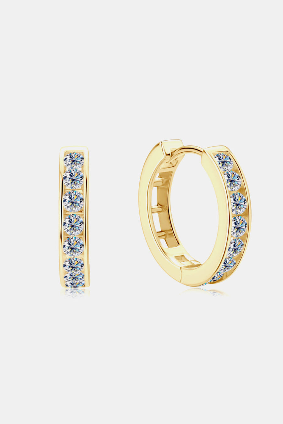 Gold moissanite channel-set hoop earrings with sparkling stones