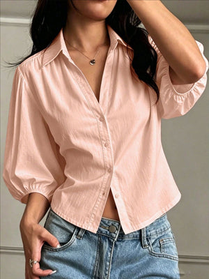 Button-Down Shirt With Puff Sleeves in White with buttoned