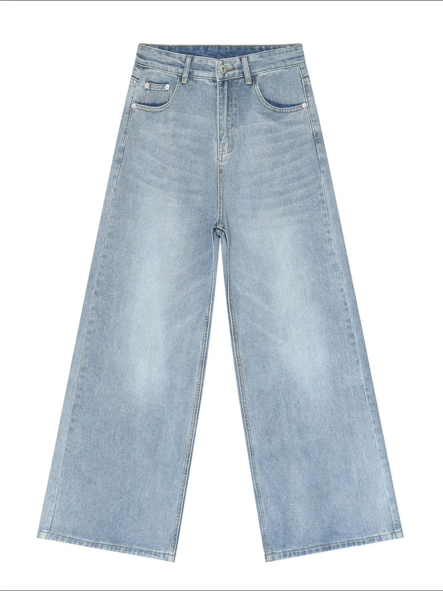 Light blue wide-leg denim jeans with a vintage wash and relaxed fit.