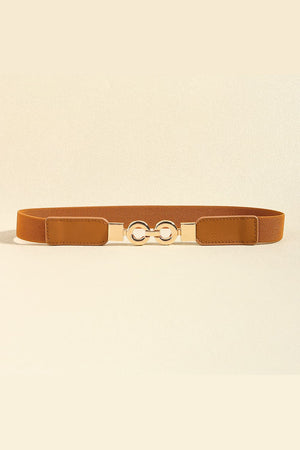 Caramel elastic belt with gold buckle and faux leather accents