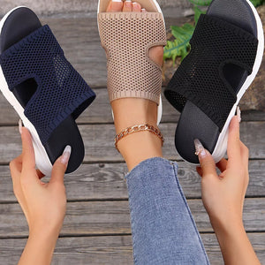 Open-toe mesh sandals in khaki, black, and dark blue with comfortable slip-on design.