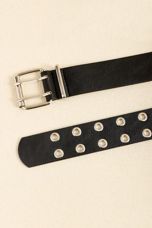 Black double buckle belt with silver eyelets and hardware