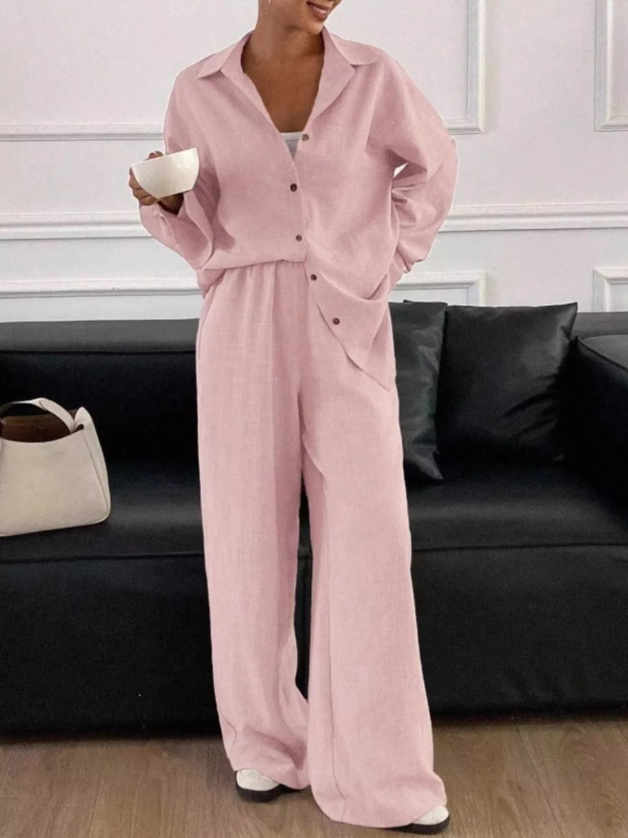 Button-down Long-sleeve Pants in Pink