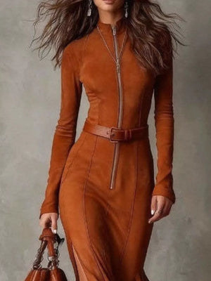 Terracotta fitted maxi dress with mock neck