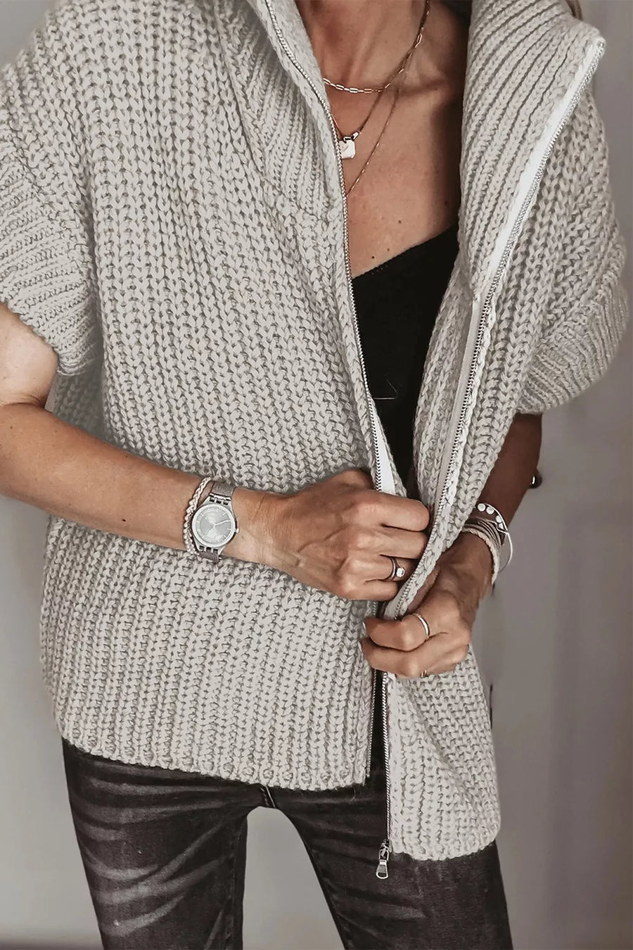 100% polyester Care instructions: Machine wash cold zip-up sweater in oatmeal with regular silhouette