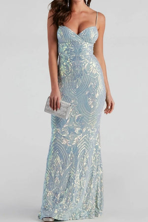light blue formal gown with geometric and sweetheart