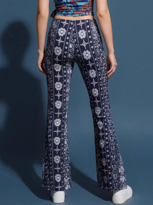 navy blue wide-leg pants with full-length and elastic