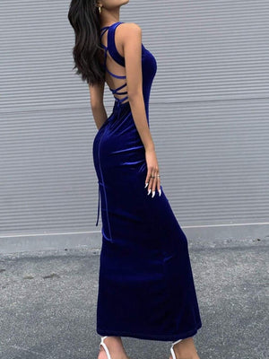 Royal Blue fitted maxi dress with square neck