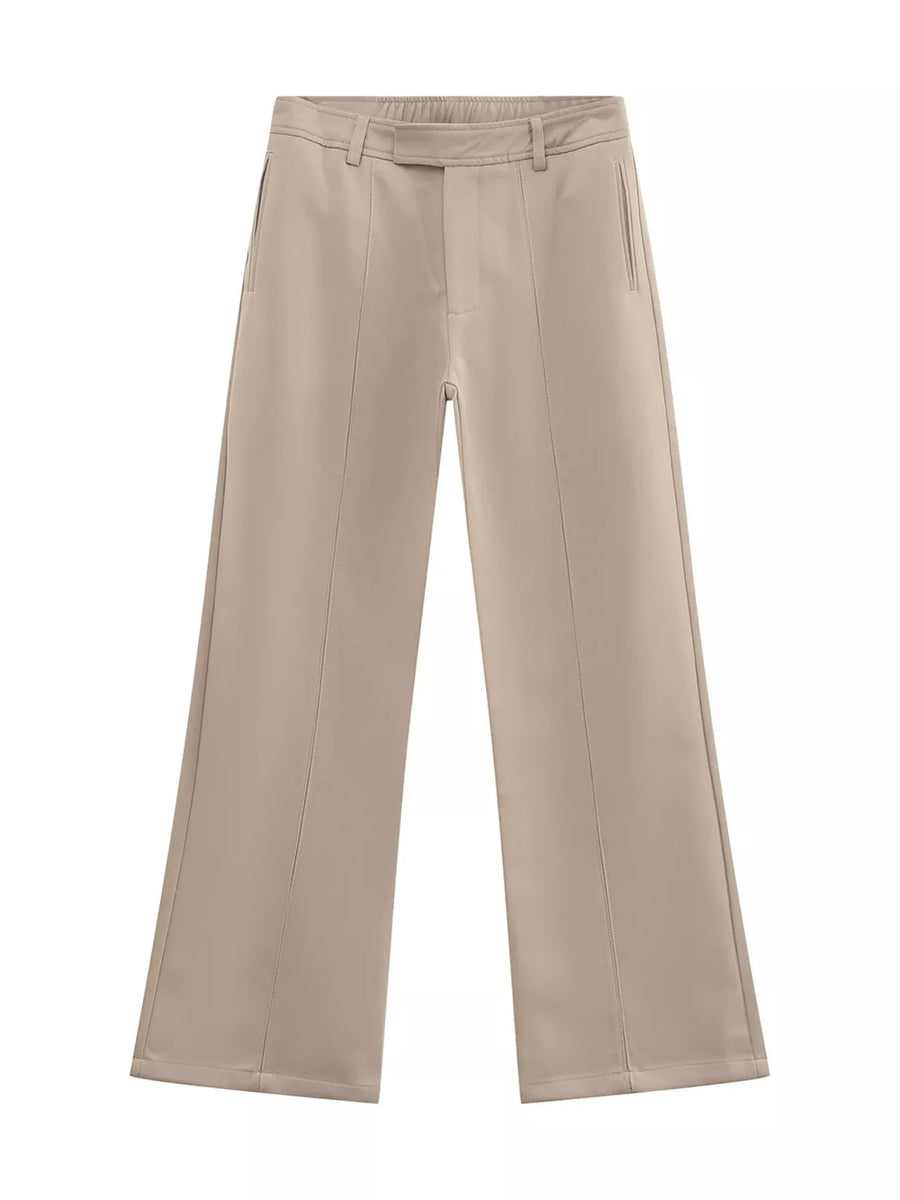 Apricot wide-leg sweatpants with adjustable waist and front seam detail.