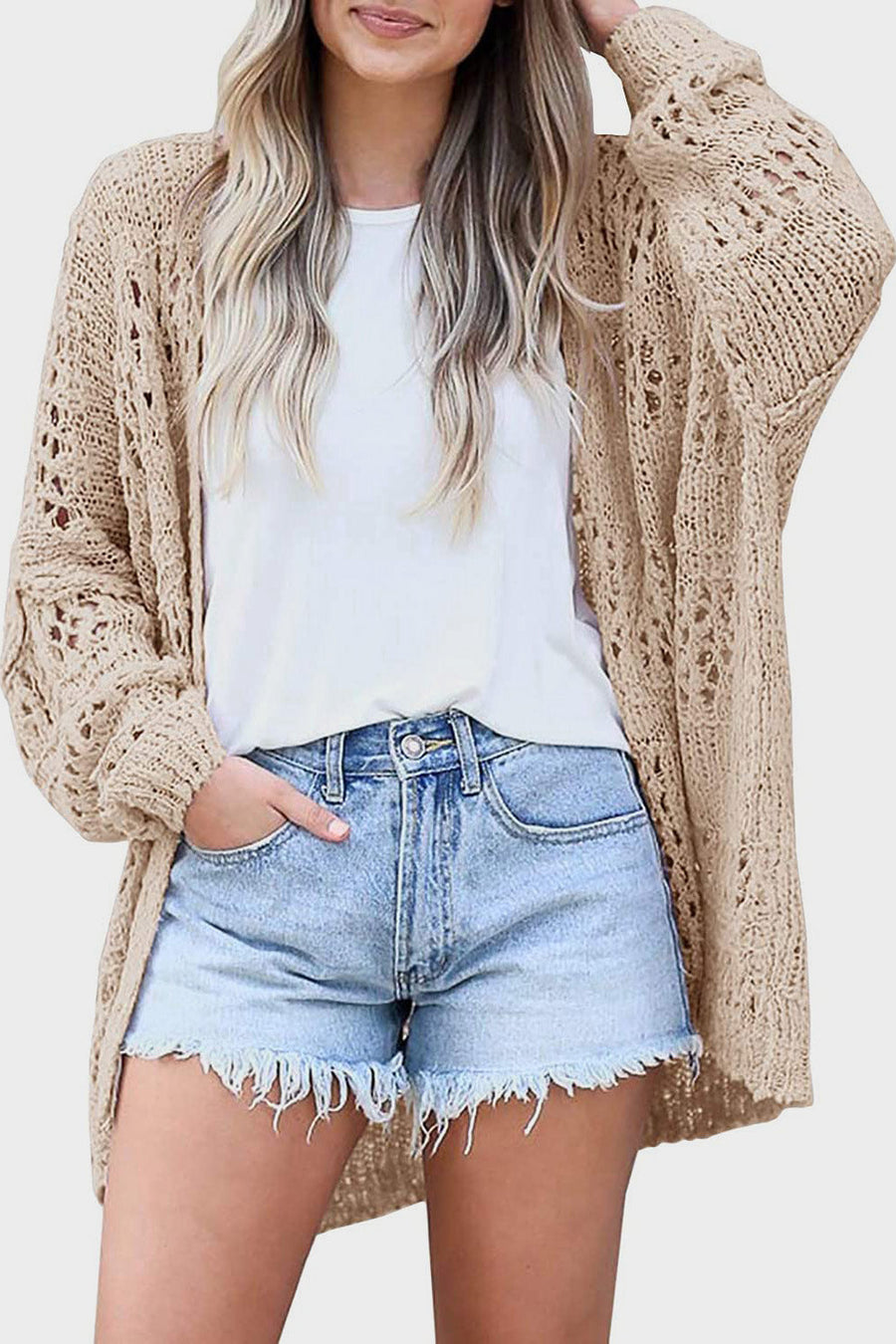 Sand open-knit slouchy cardigan with wide sleeves and a relaxed fit.