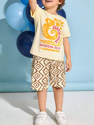 Baby boys' yellow graphic tee with chameleon and "Summer Vibes" print, paired with brown geometric print shorts.