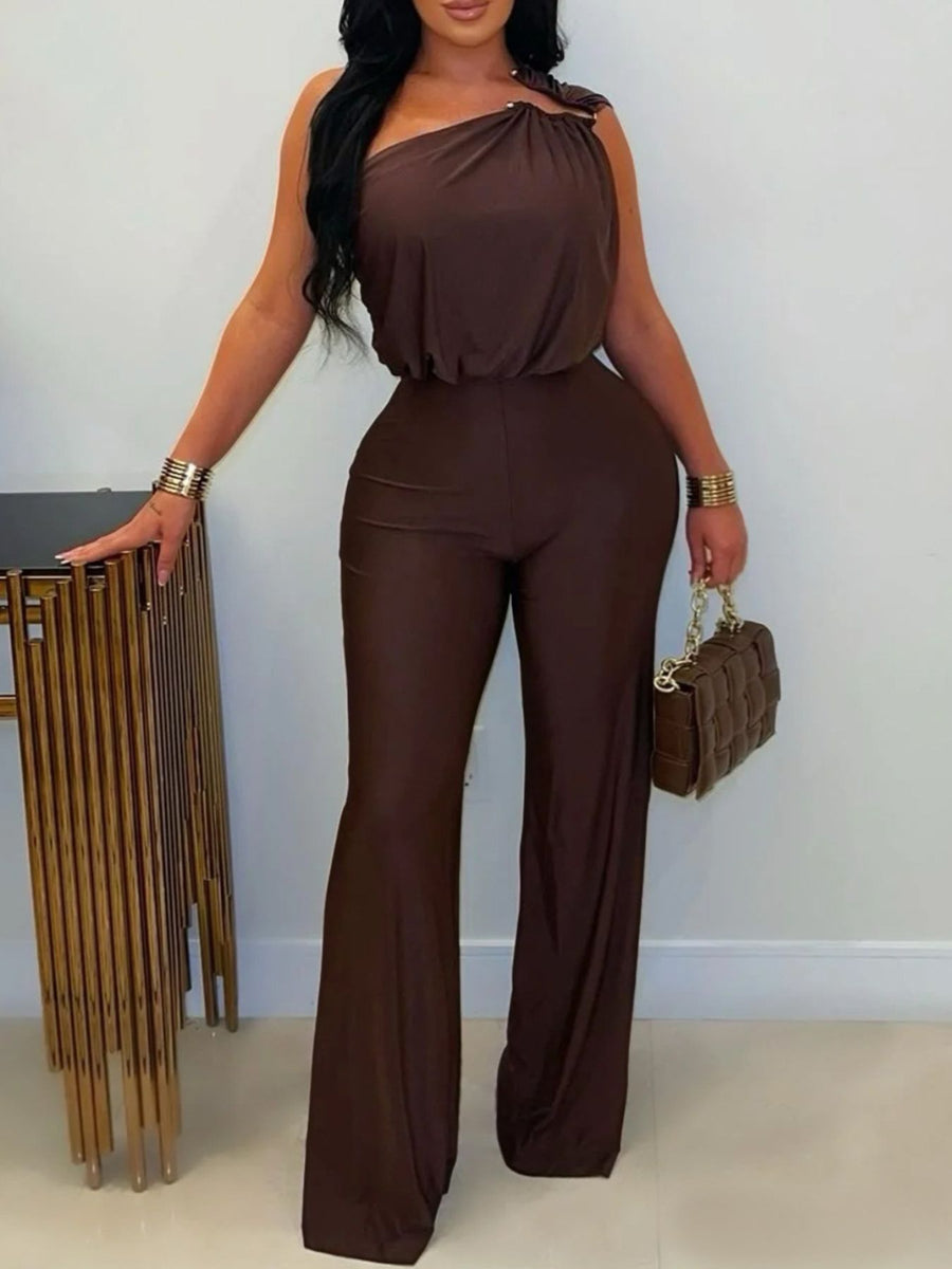 jumpsuit in chocolate brown featuring one-shoulder and relaxed fit