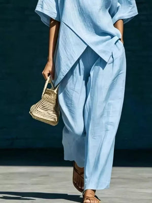 minimalist two-piece set in Beige with boat neck