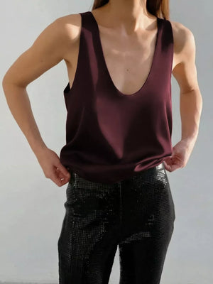 Satin Deep V-neck Tank in Brown