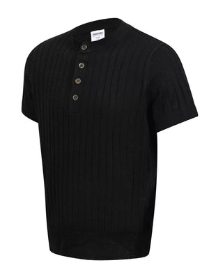 Men's Short Sleeve Ribbed Henley Top in Black