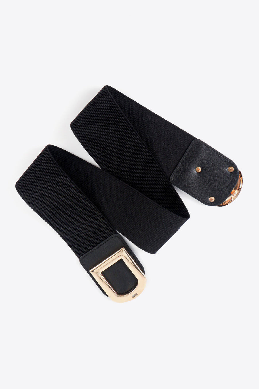 Black elastic belt with double gold buckles and faux leather accents.