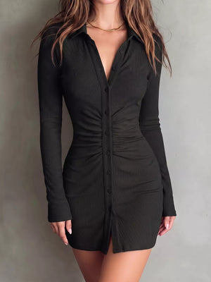 Caramel bodycon dress featuring buttoned and ribbed