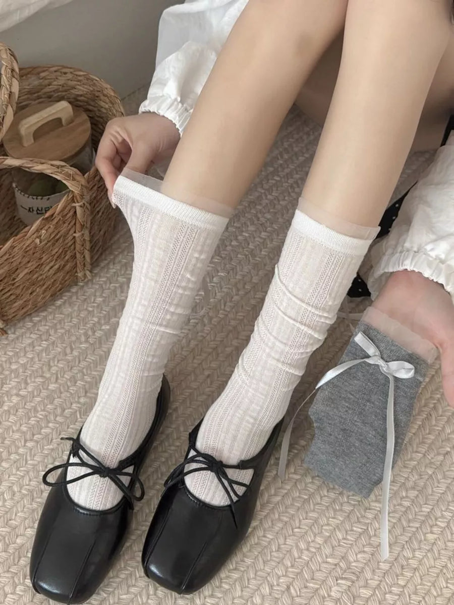 socks in charcoal with open-knit and ribbon detail