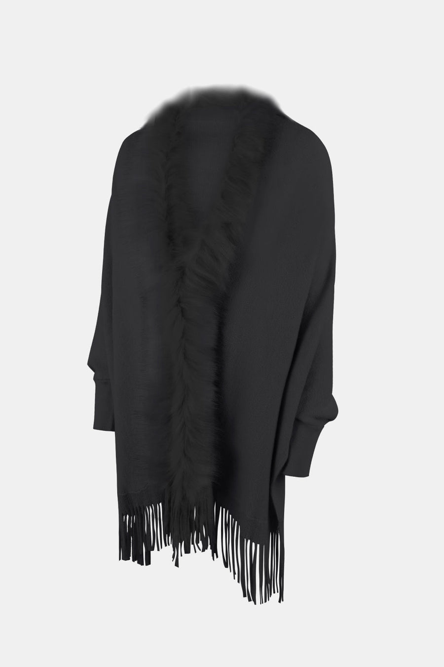 Black faux fur trimmed fringe cape with long sleeves and a boho style.