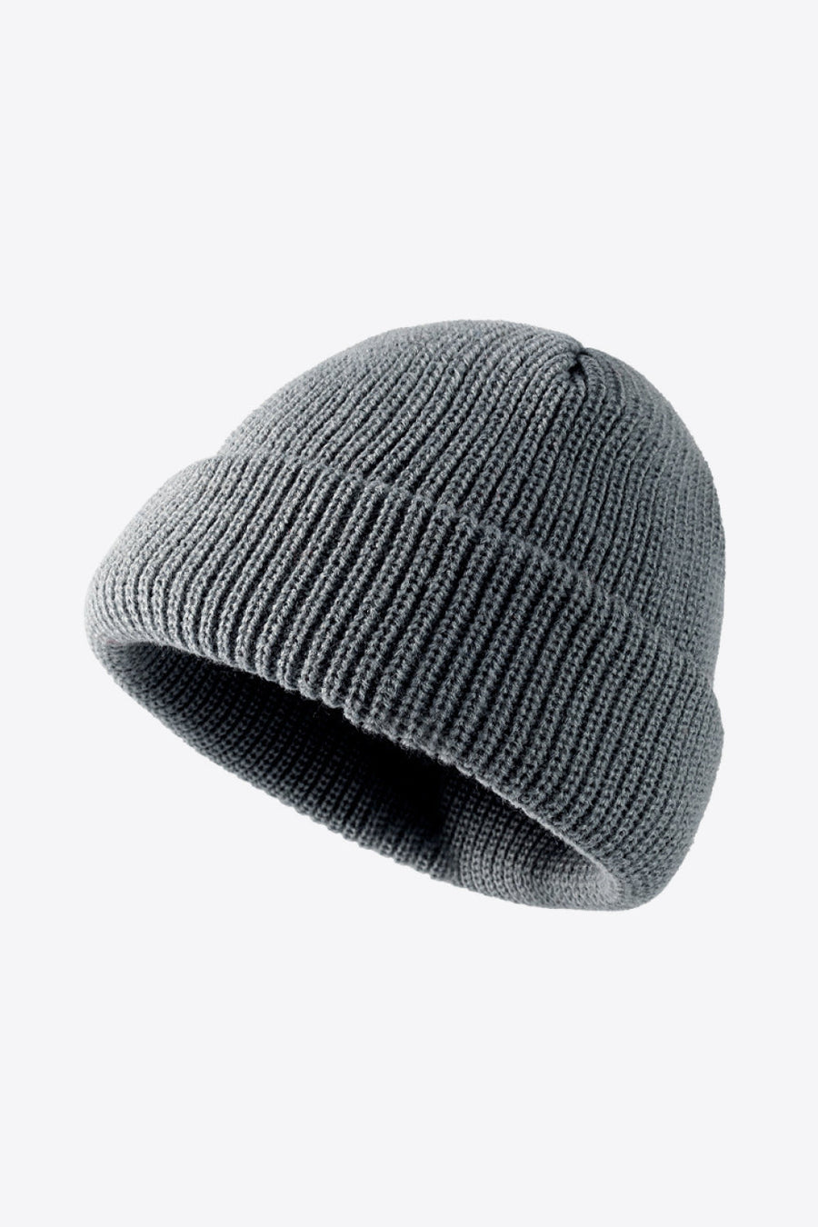 Gray ribbed knit beanie with folded edge detail