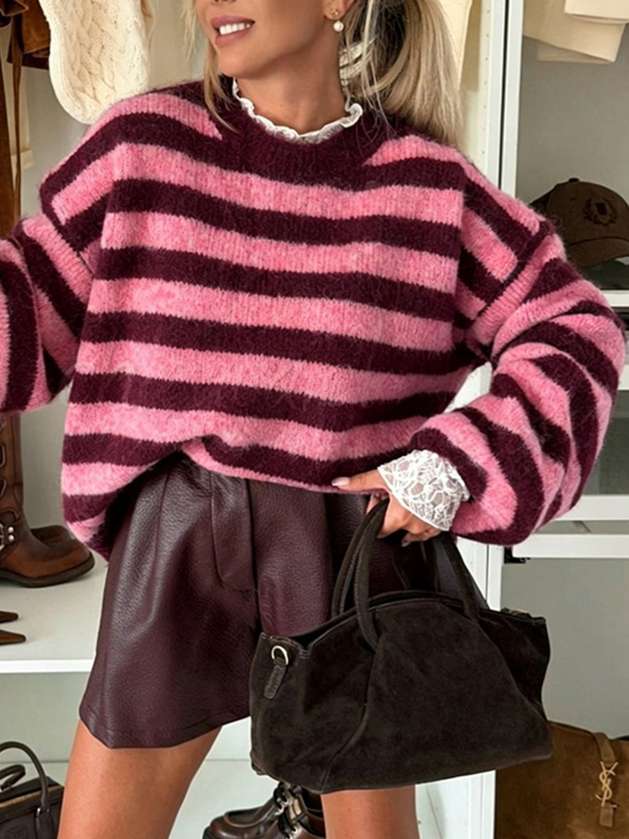 burgundy pullover sweater featuring dropped shoulder and striped
