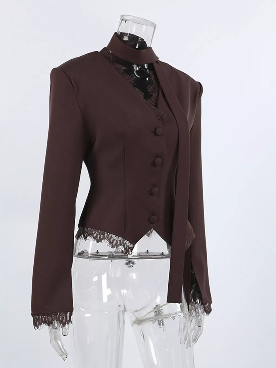 blazer in Brown with lace trim and waist-length