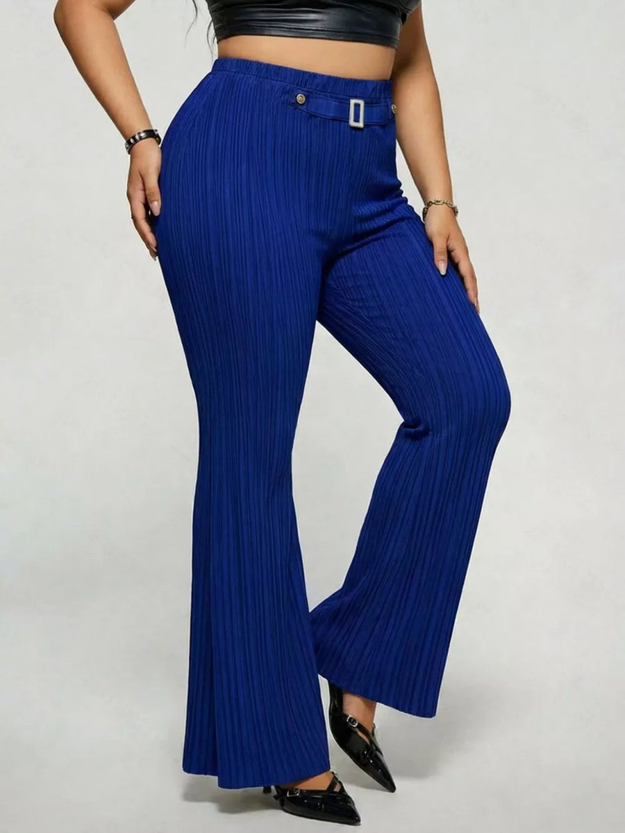 Royal blue ribbed high-waist flare maternity pants with buckle detail and flared leg.