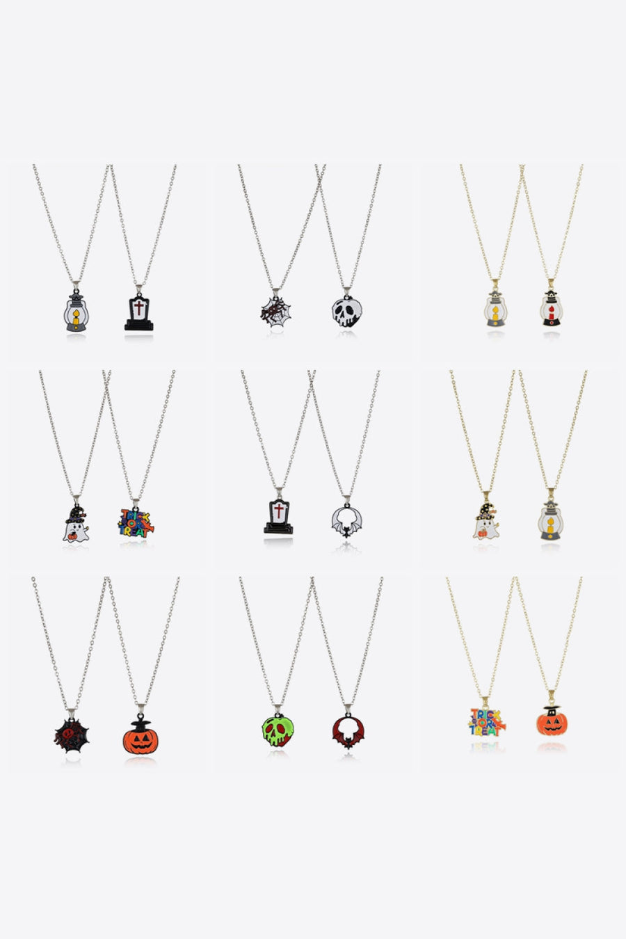Spooky Season Enamel Pendant Set necklaces with Halloween charms like pumpkins, ghosts, and skulls.