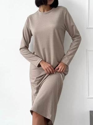 Round Neck Long-Sleeve Midi Dress in Dust Storm with stretch
