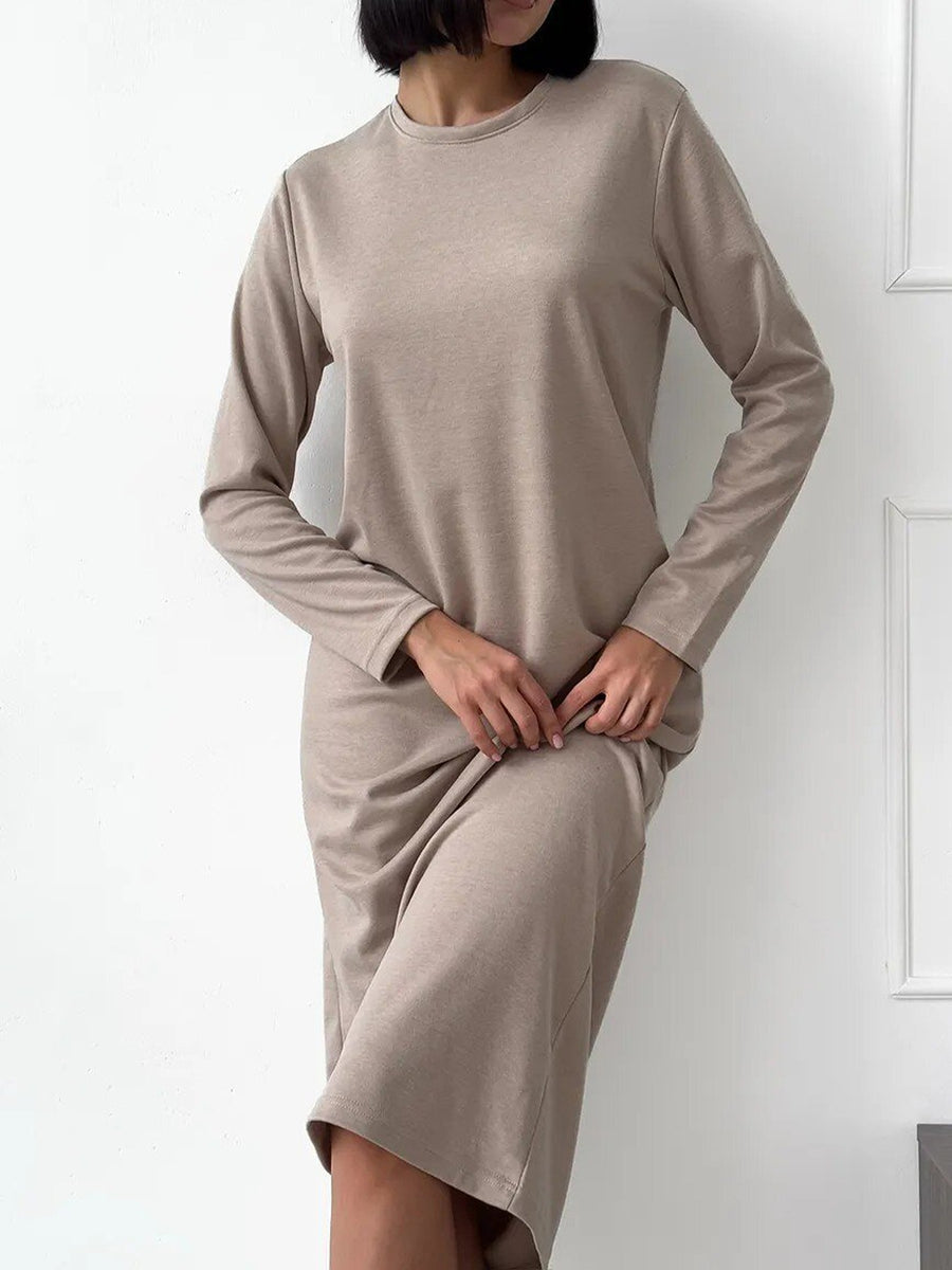 Round Neck Long-Sleeve Midi Dress in Dust Storm with stretch
