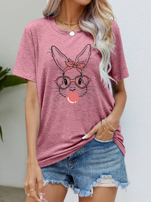 Dusty Pink heather tee with a graphic bunny wearing glasses and a bandana, blowing bubblegum.