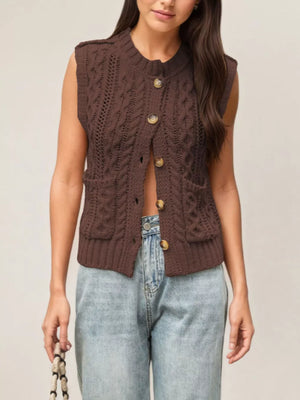khaki regular sweater vest with crew neck